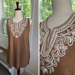 J. Jill Vicuna Embroidered Front V-Neck Sleeveless Tunic Length Cotton Blend Top